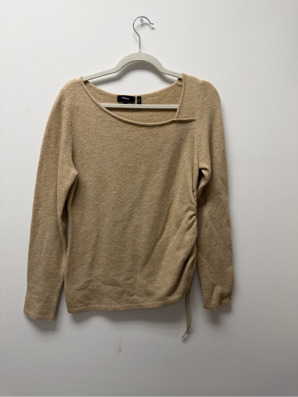 Theory Beige Scoop-Neck Long Sleeve Sweater with Side Drawstring